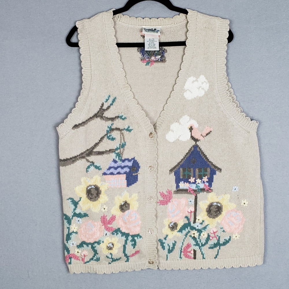 Vintage Northern Reflections‎ XL Sweater Vest Birdhouse Grannycore Shabby Chic